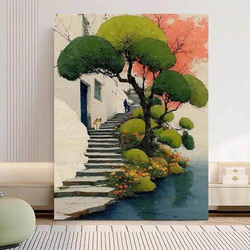 现代简约风景装饰画玄关挂画手工装裱布纹膜有框画现代装饰画