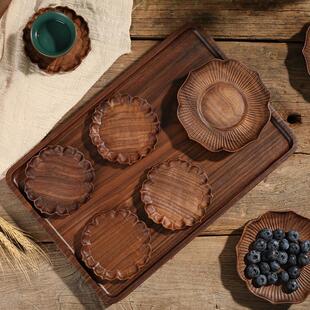 黑胡桃木莲花茶杯垫覆古ins风防隔热壶承咖啡实木杯托茶道木杯垫