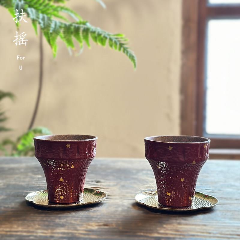 扶摇复古粗陶大漆红洒金小蛮腰主人杯手工文人茶器功夫品茗喝茶杯