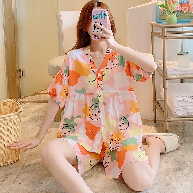 棉绸睡衣女夏季薄款短袖女款睡衣大尺码宽松清新可爱绵绸家居服套