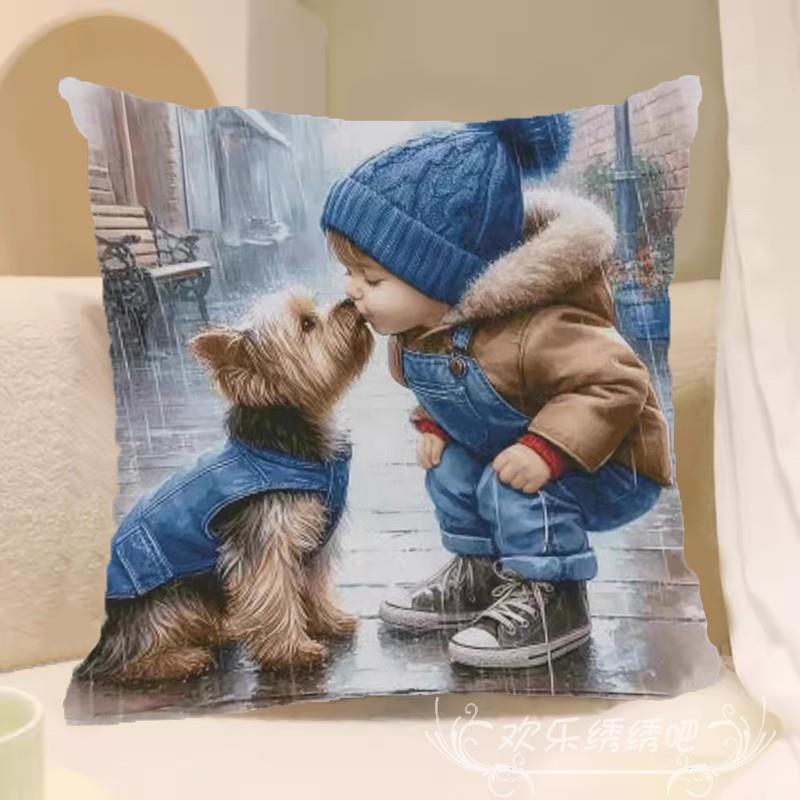 十字绣抱枕2025新款满绣亲吻小狗温馨手工精准印花三边拉链简单绣