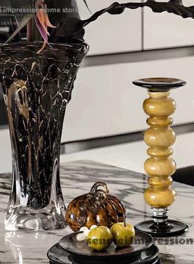 中古风极简样板间黑金琉璃花器餐厅厨房餐桌桌面咖啡主题装饰摆件