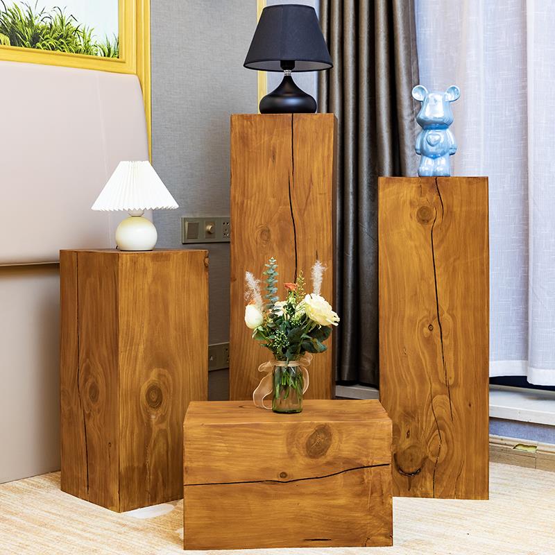 侘寂风木墩子玄关复古实木底座客厅花架原木落地摆件边几方形木桩