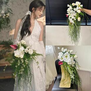 高级感水滴新娘白色瀑布彷真花婚纱摄影摄影拍照道具结婚手捧花