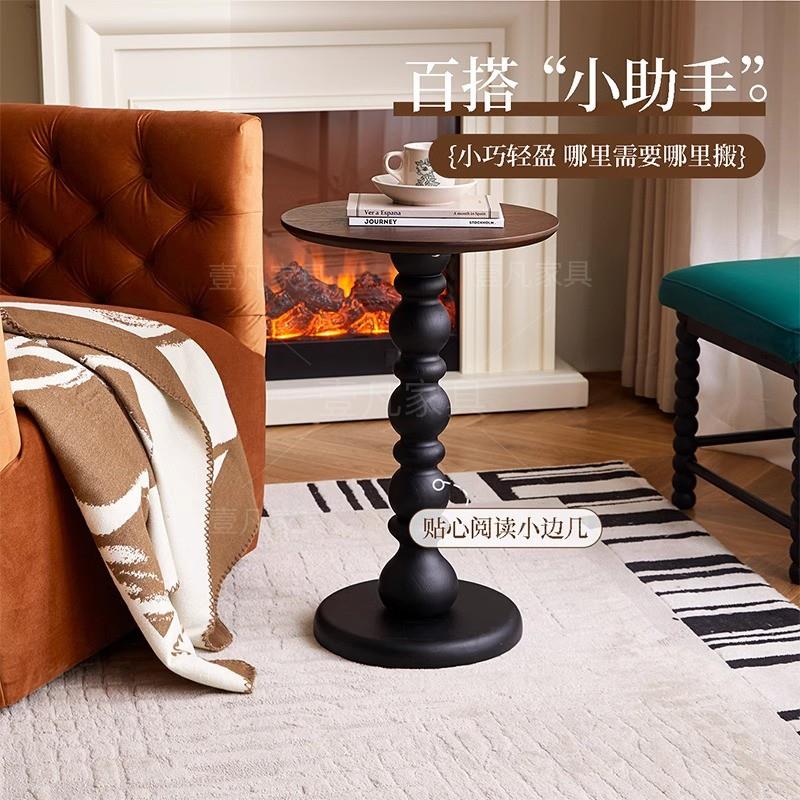 法式复古客厅沙发边几小户型家用中古红橡木圆形茶几床头小桌子