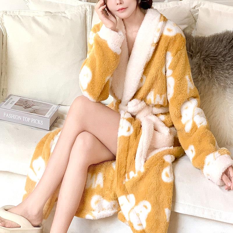 珊瑚绒睡袍女秋冬季加绒中长版过膝浴袍冬款浴衣开衫系腰带睡衣裙
