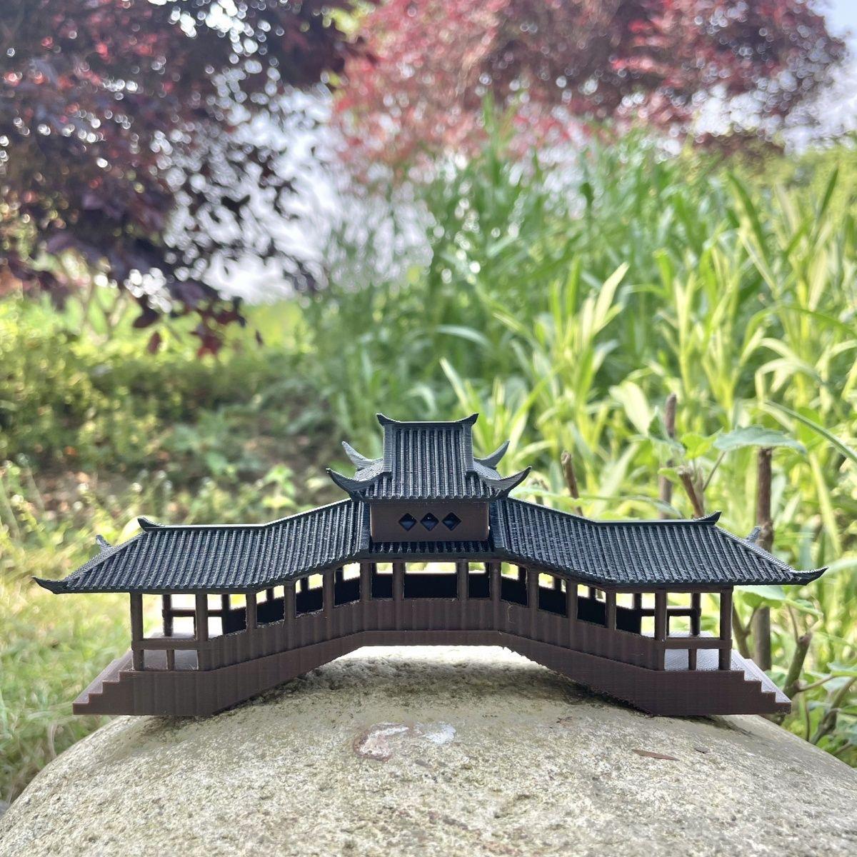 微缩模型风雨廊桥迷你古建筑摆件袖珍中国风中式庭院假山鱼缸造景