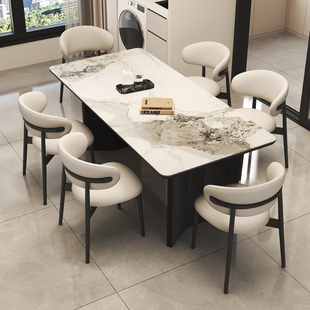 轻奢意式极简小户型长方形家用复古风岩板餐桌椅组合实木吃饭桌子