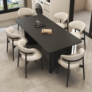 轻奢意式极简小户型长方形家用复古风岩板餐桌椅组合实木吃饭桌子