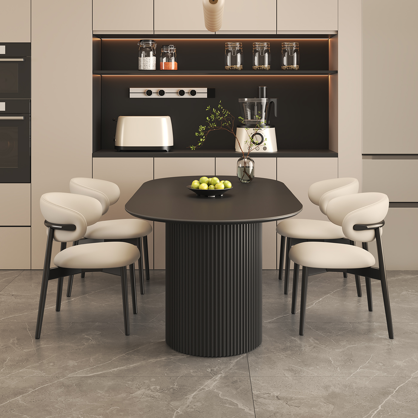 意式轻奢纯色岩板餐桌椅组合家用现代极简小户型长方形带饭桌