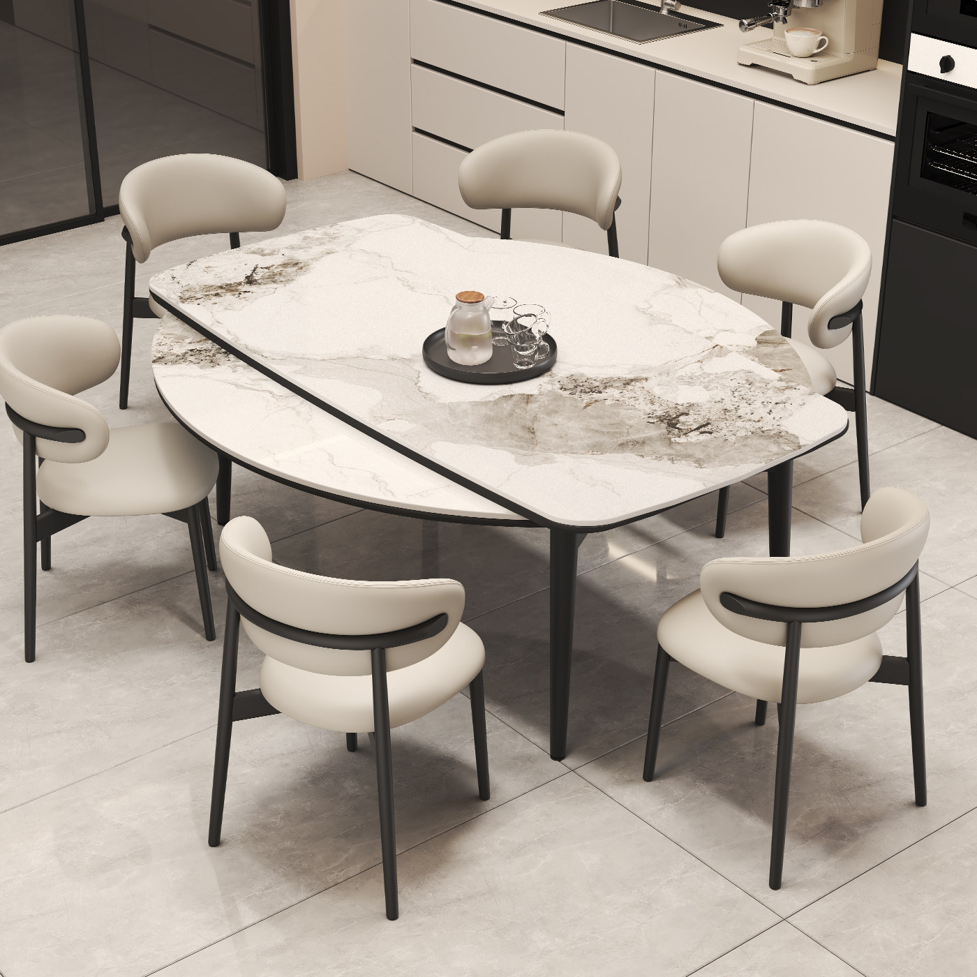 意式极简可伸缩岩板餐桌椅组合现代简约家用方变圆形两用吃饭桌子