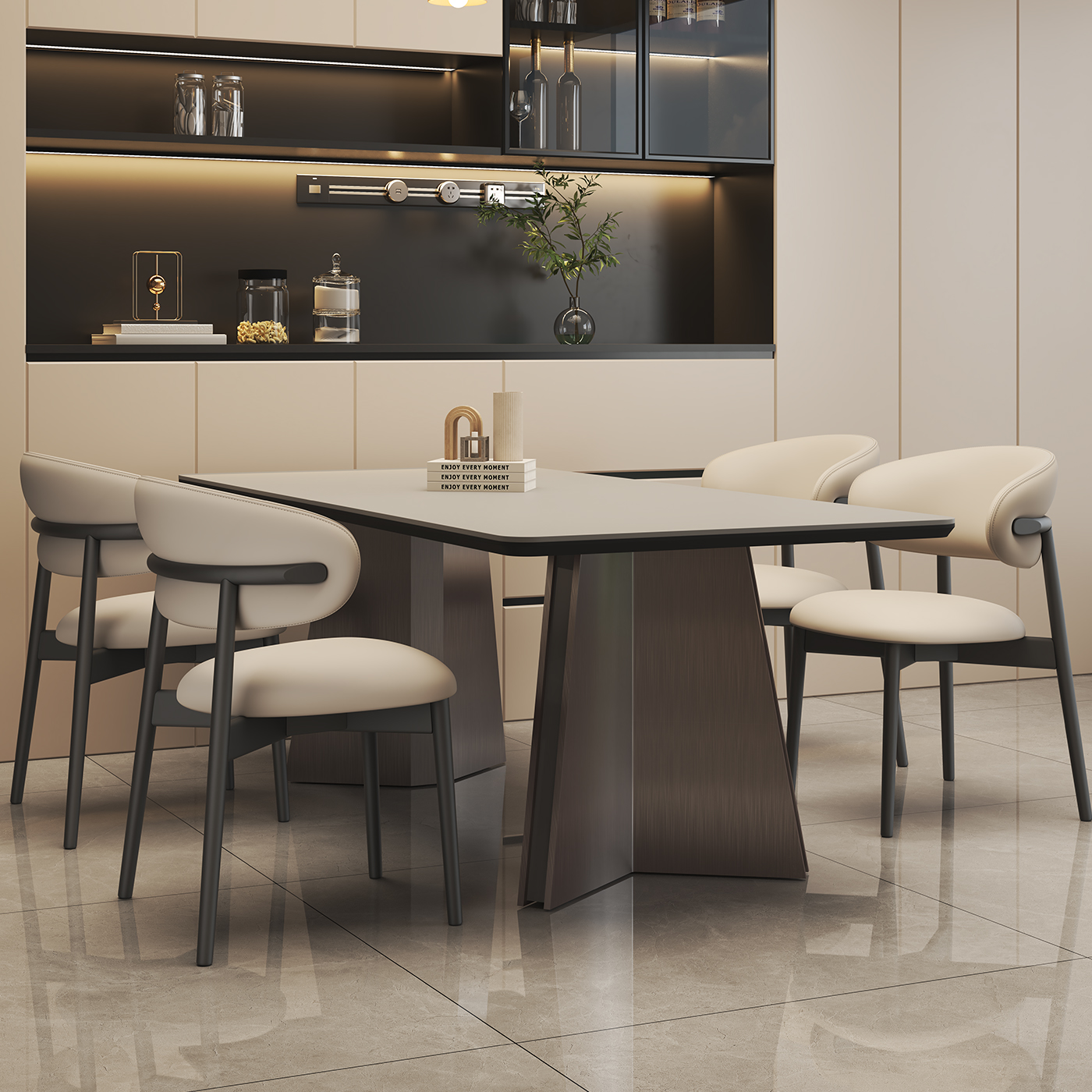 意式极简小户型长方形岩板餐桌