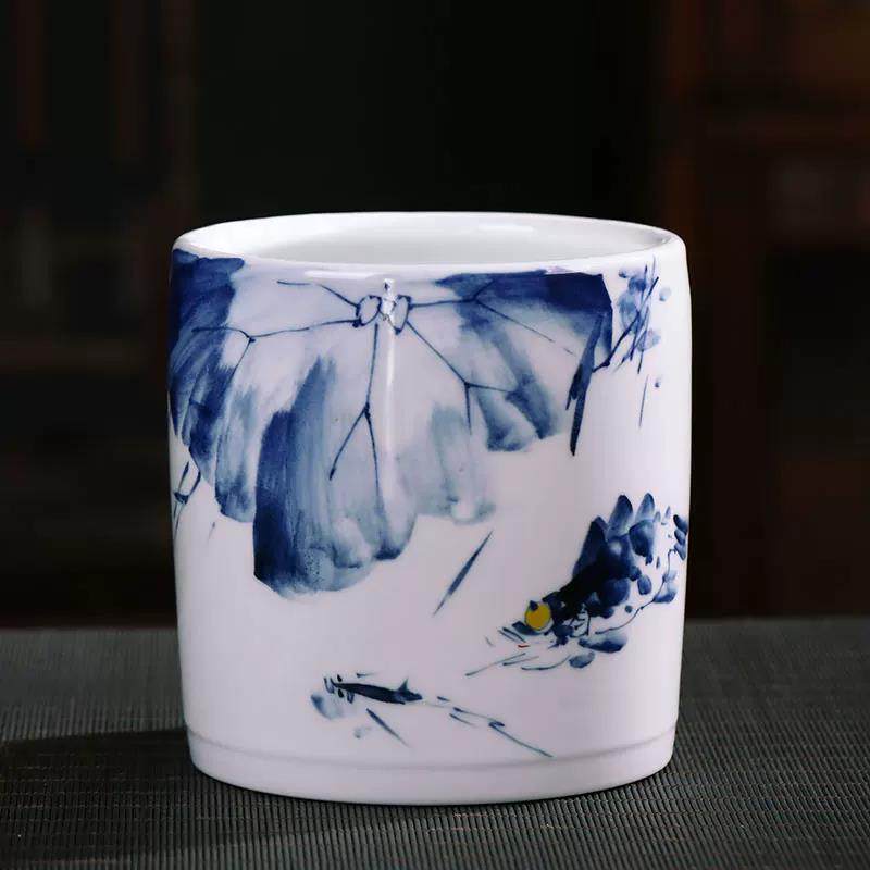 景德镇手绘青花陶瓷笔筒摆件文房毛笔筒桌面学生书法大容量收纳筒,收纳整理,笔筒,淘宝优惠券,粉丝福利购,淘宝优惠卷