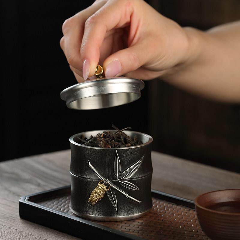 纯锡茶叶罐99锡手工锡茶罐树皮纹彷古小号迷你罐可携式茶仓密封罐