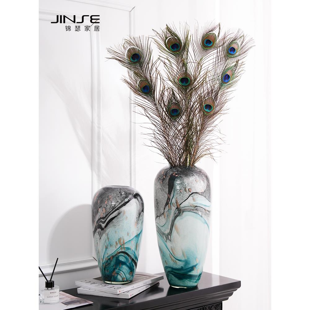现代轻奢水墨画艺术玻璃花瓶摆件玄关餐桌装饰客厅插花花器样板间图片