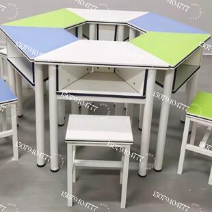 学校六人团体活动心理咨询室布置彩色拼接圆形课桌椅阅览辅导室桌