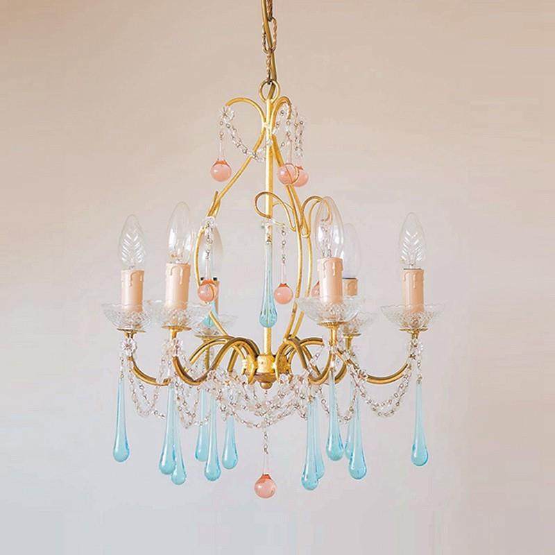 爱贝 欧法式梦幻粉蓝色水晶全铜吊灯复古轻奢客厅餐厅房间卧室灯
