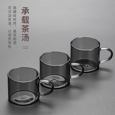 耐热小号玻璃茶杯带把品茗杯灰色简约功夫小茶杯6祇装茶具品茶杯