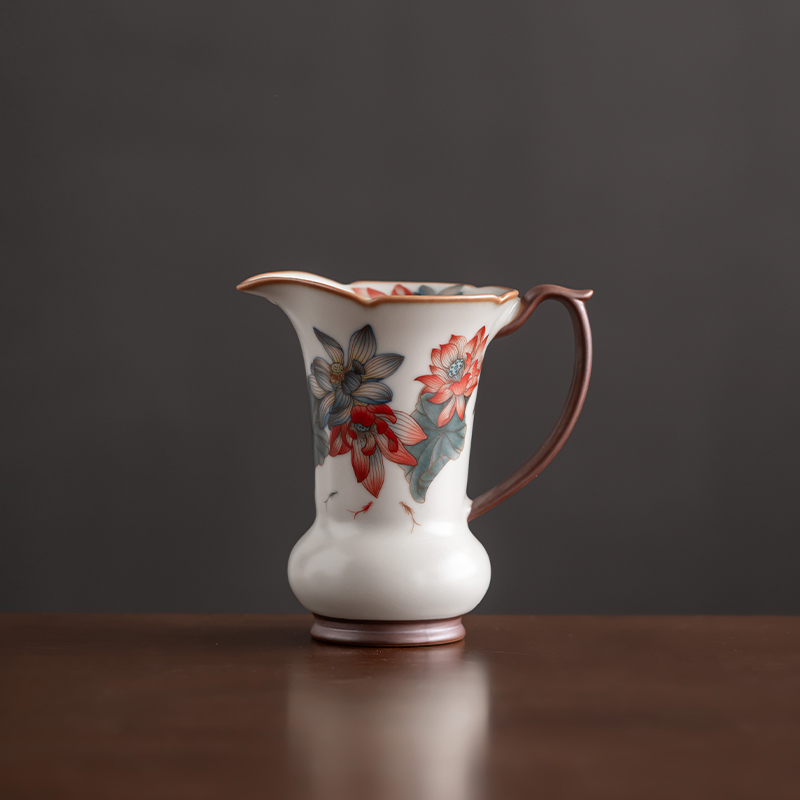 创意复古红莲花形陶瓷公道杯中式家用泡茶茶海分茶器手绘功夫茶具