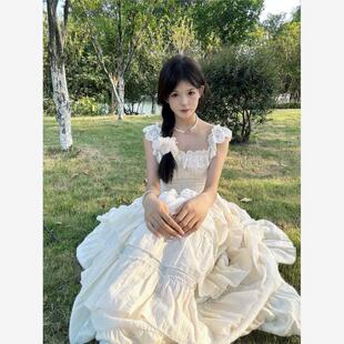吊带连衣裙女蕾丝拼接大裙摆收腰海边度假超仙中长款 小飞袖 蛋糕裙