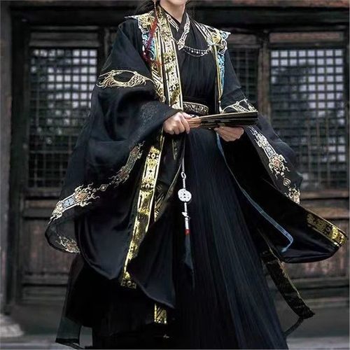 魏晋风新款汉服交领重工刺绣云肩古装cos黑色春夏季男女同款国风