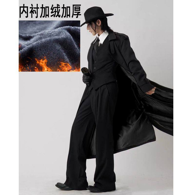 侦探风衣复古绅士特工元素cosplay全黑基调超长款收腰春秋外套男