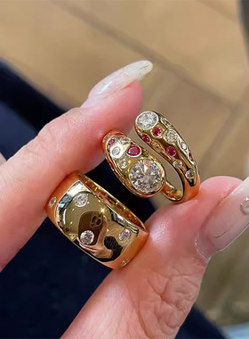 小红书同款宽版爆闪点钻戒指古法金色星河璀璨微镶指环