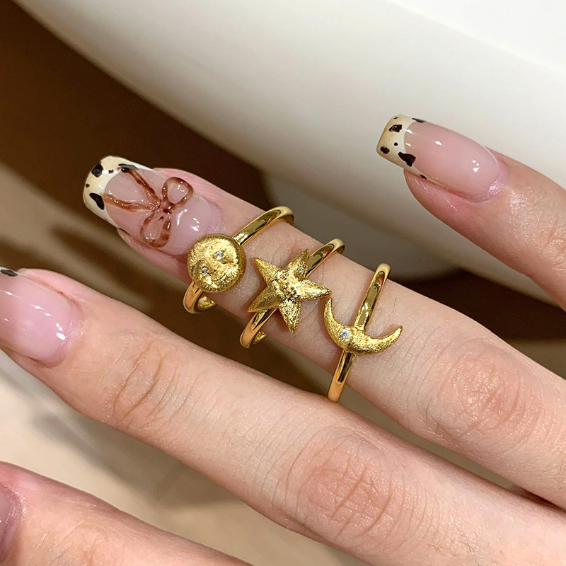 小红书爆款日月星辰戒女中古拉丝日月星戒指卡通太阳月亮星星指环