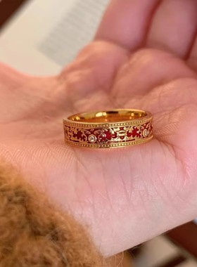 小红书爆款复古新中式楼兰若梦红珐琅滴釉花纹戒指宫廷风轻奢指环