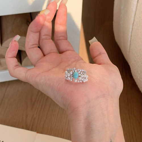 小红书爆款高级感海纹宝石宽面珍珠闪钻女戒指名媛食指戒