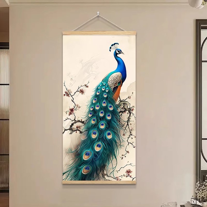 新中式玄关挂毯客厅装饰画孔雀挂布餐厅挂画布艺走廊茶室墙面布画图片