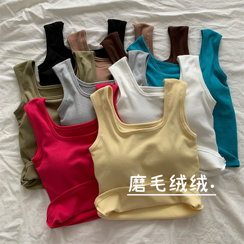 磨毛带胸垫小背心吊带女秋冬新款纯欲短款内搭外穿加绒打底衫上衣