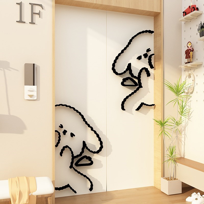 线条小狗一入户电梯门玄关装饰墙贴纸画电视机背景改造自粘高级感
