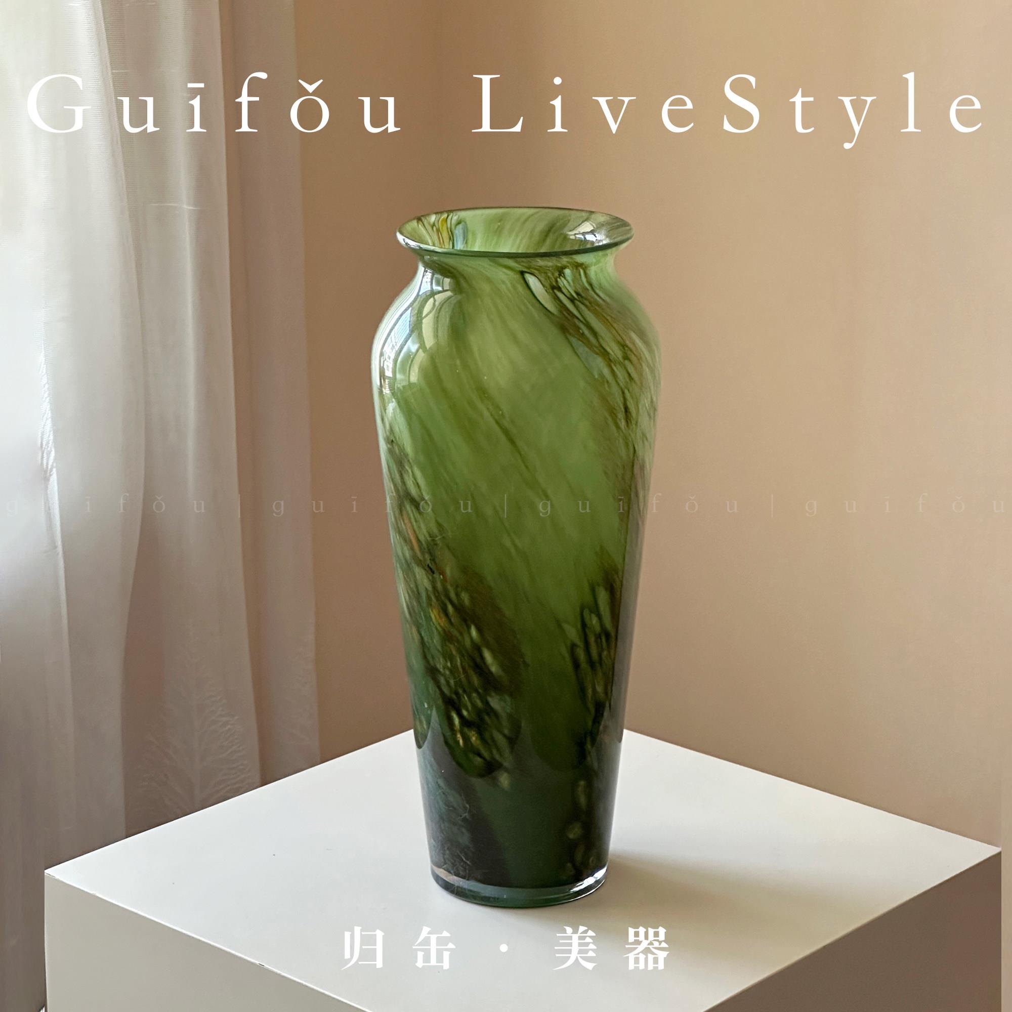 归缶超好看宋代美学复古绿色琉璃大号客厅高级感落地富贵竹花瓶