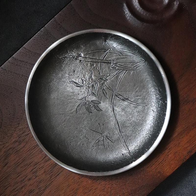 咏茶舍中式纯手工茶托锡杯垫茶道垫防滑复古风雕刻高端功夫茶具