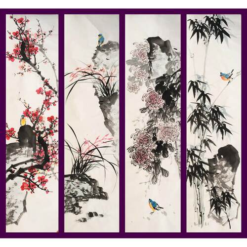 国画梅兰竹菊四条屏套画手绘花鸟画客厅装饰挂画字画特价E116