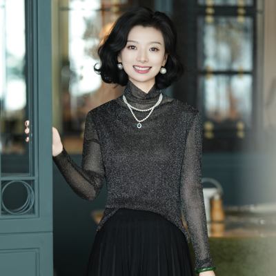 高领高弹网纱打底高级灰小衫女装