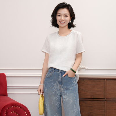 亚麻蕾丝圆领休闲薄款短袖T恤女