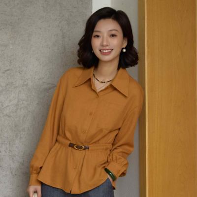南瓜色尖领灯笼袖收腰显瘦衬衫女