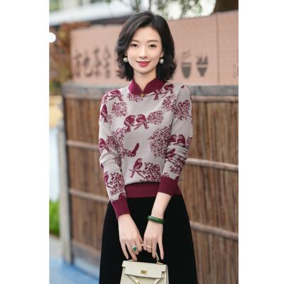 玉西子/【喜鹊临门】精纺羊毛银葱纱喜鹊报喜纹针织衫女/MSBH483
