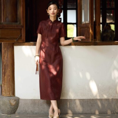 桑蚕丝香云纱红云纱新中式旗袍女