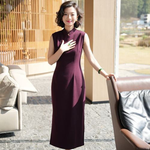 羊毛亚麻无袖酒红色旗袍连衣裙女