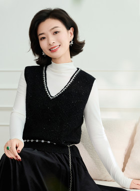 羊毛针织钉珠v领马甲背心女外穿