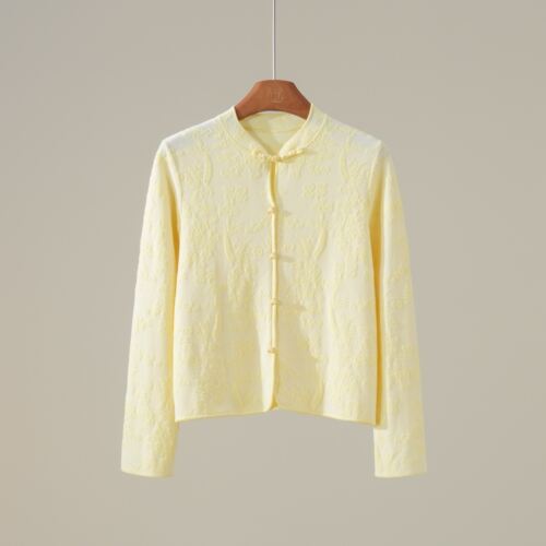 立体提花新中式黄色针织开衫女装