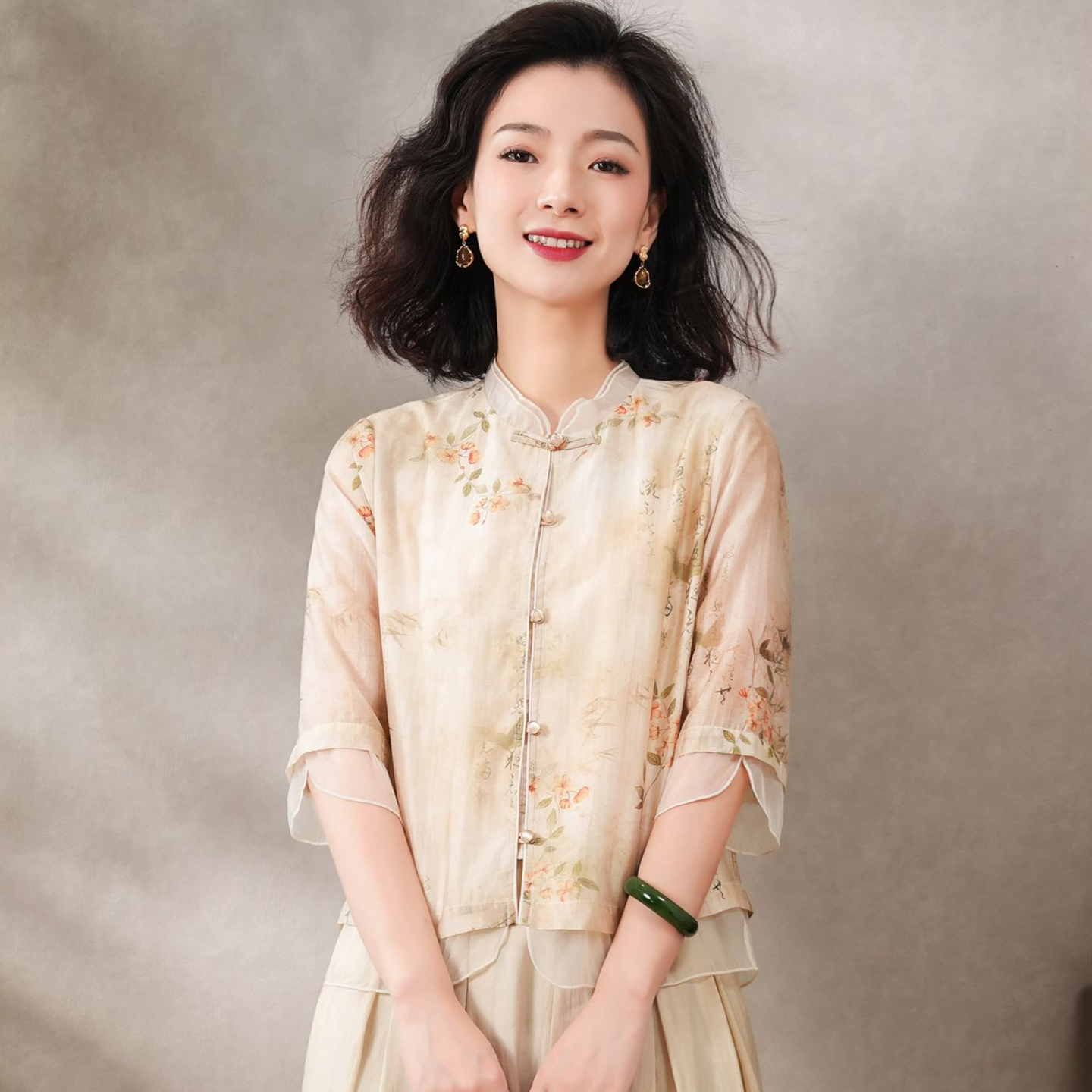 西子/【梨花】中式花瓣领正天丝国风上衣衬衣开衫纱衣女/SYBH213