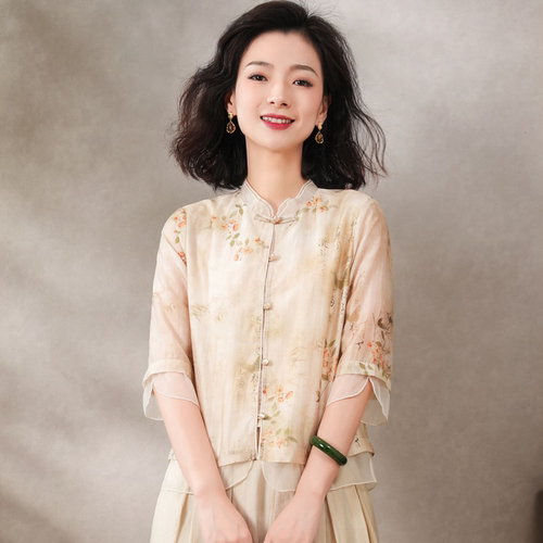 中式天丝国风上衣衬衣开衫纱衣女