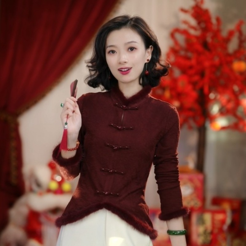 西子/【染春秋】水貂拼醋酸羊毛提花新中式弹力收腰上衣/SYYH0021