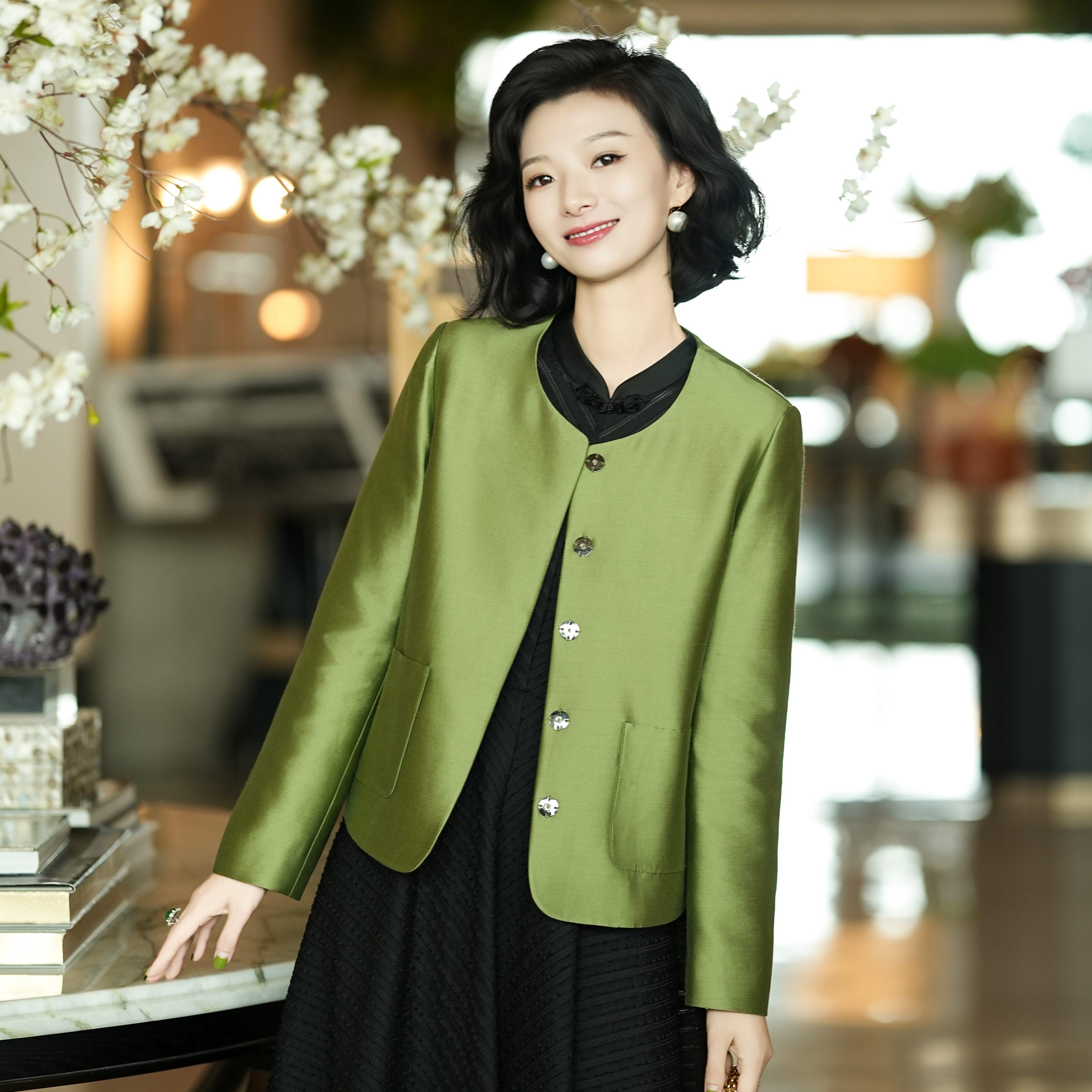 西子/【橄榄】32姆米丝毛圆领轻奢显瘦国风竹青色外套女/WTYF019