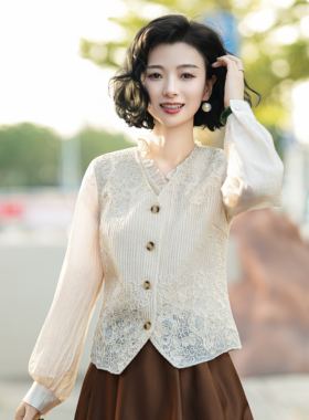 亚麻股线刺绣蕾丝原色无袖马甲女