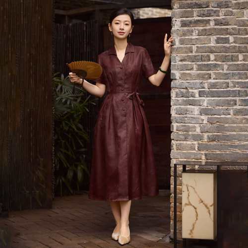 桑蚕丝桑波缎非遗红云纱连衣裙女